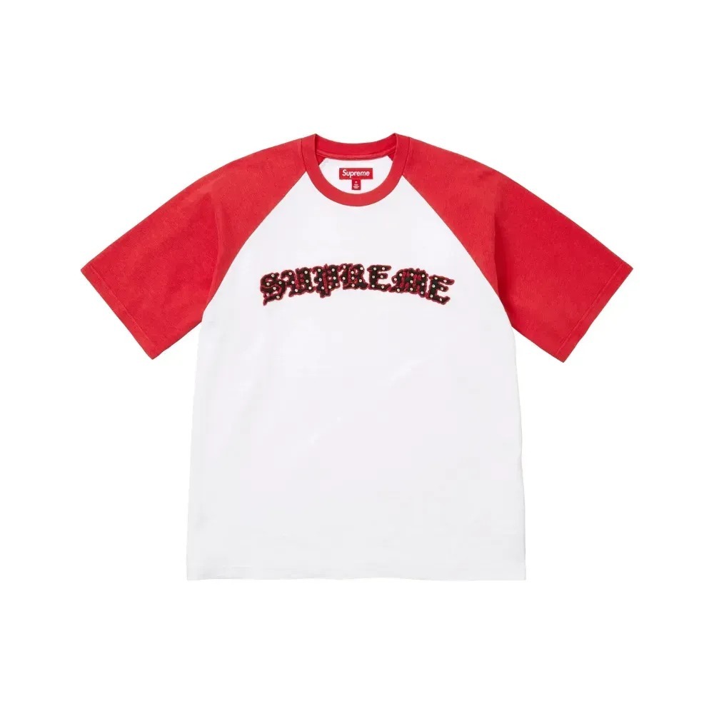 Camiseta Supreme Rhinestone Raglan S/S White — P / G / XG / XXG, Novo