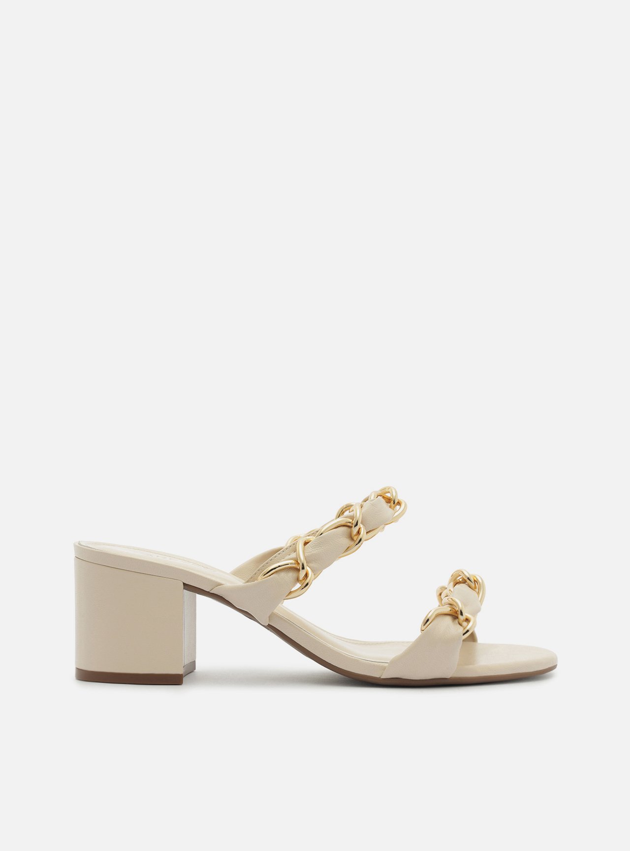 Sandália Off White Salto Bloco Tiras Elos