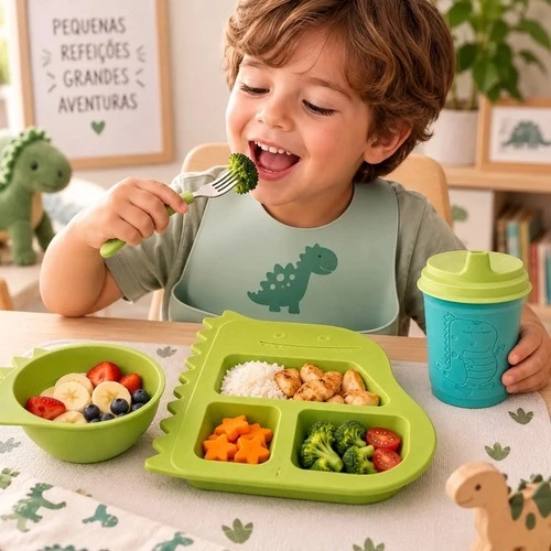 Kit Alimentação Infantil Dinossauro Prato Bowl Copo 3 Peças