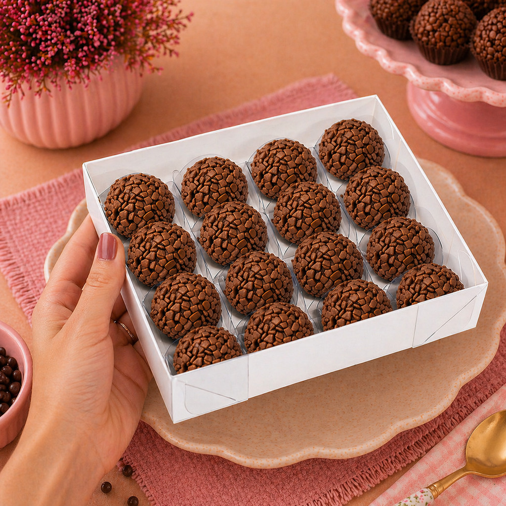 Foto 2 de 10~30 CAIXA P/ 16 DOCES C/ VISOR BRANCA 16X16X4 4655 (IDEIA) CHOCO