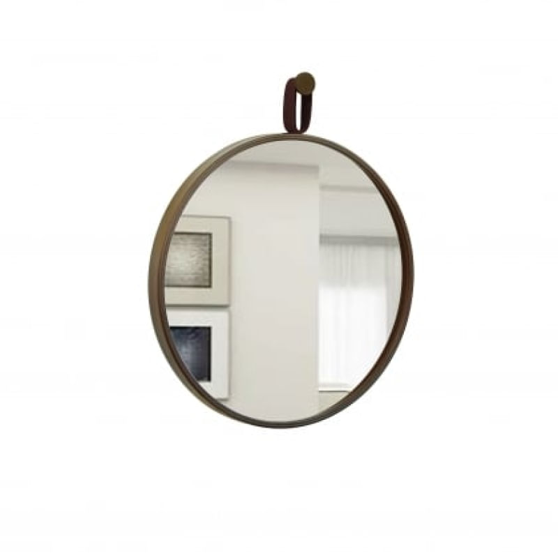 Espelho Decorativo Short Strip Marrom Alça Corino 50cm Redondo Café