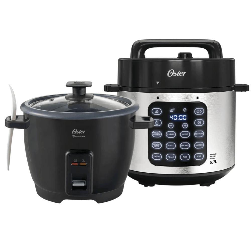Kit Panela de Pressão e Arroz Elétrica Oster 5.7L e 1.2L 1000W e 500W Preto 220V