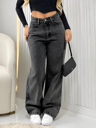 Calça Jeans Wide Leg Feminina Cintura Alta Pantalona Preto Black Marmo Liso 40