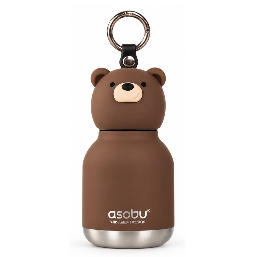 GARRAFA TÉRMICA ASOBU BESTIE MINI BEAR 200ML EM AÇO INOX E SILICONE MARROM 4084510024