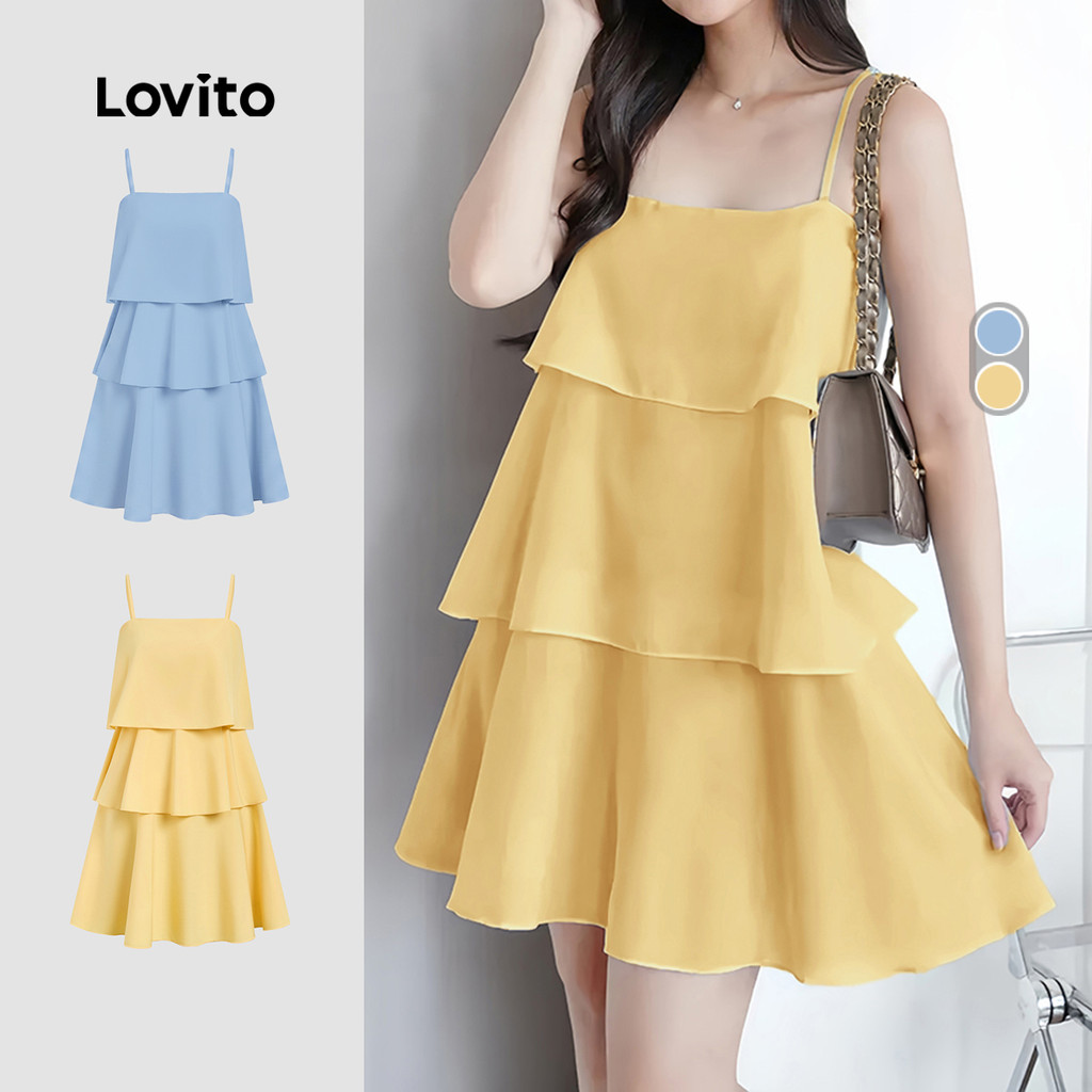 Lovito Casual Vestido Em Camadas Com Alças Ajustáveis Zíper Primavera/Verão Regata Amarelo Para Mulheres L177ED041
