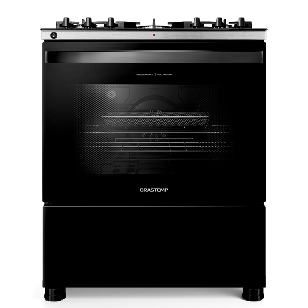 Fogão Brastemp 5 Bocas Preto com Mesa de Vidro, Função Air Fryer e Turbo Chama