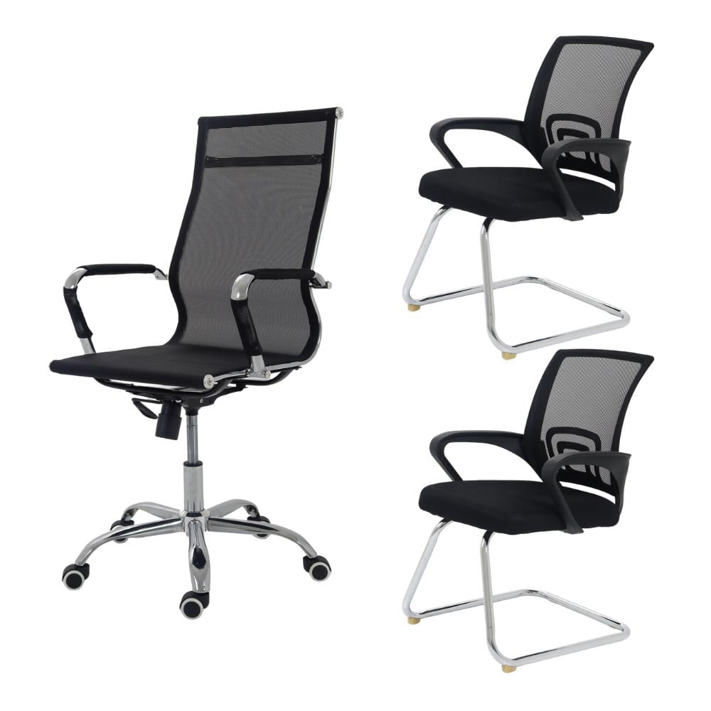Conjunto Cadeira De Escritório Presidente Executiva Alta Eames Mesh Com 2 Cadeiras Interlocutor Fixa Tecido Tela Mesh Detroit Preto