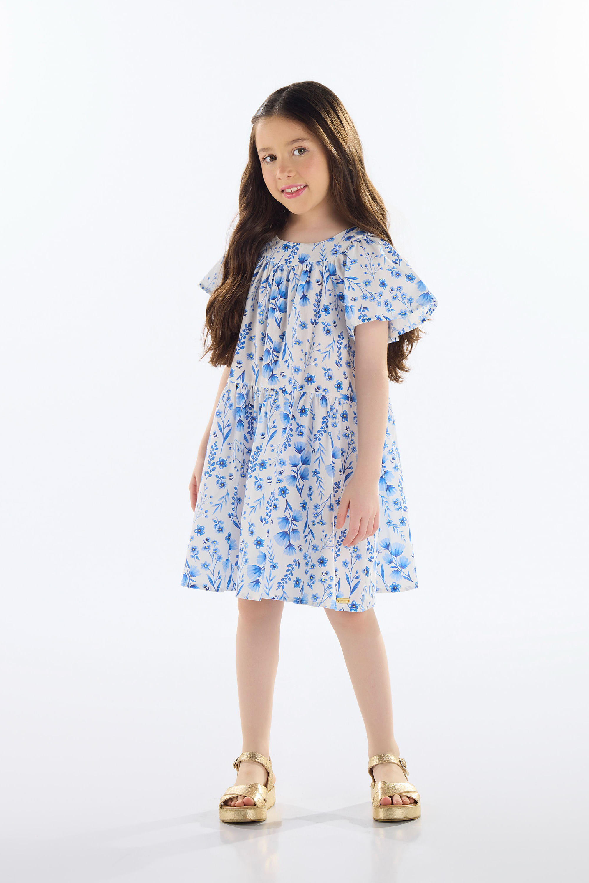 Vestido Infantil Floral em Tricoline (Azul) Quimby — 04