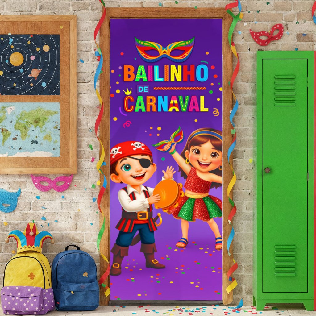 Capa de Porta Decorativa Escolar Bailinho de Carnaval Sublimada Em Tecido Retangular C/ Elástico