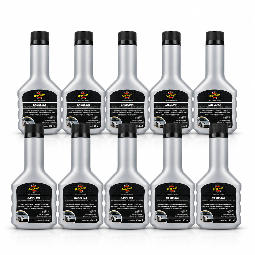 Aditivo Gasolina BraClean 250ml Kit 10 Unidades Via Tanque Carro Moto Bicos Injetores Uso Automotivo