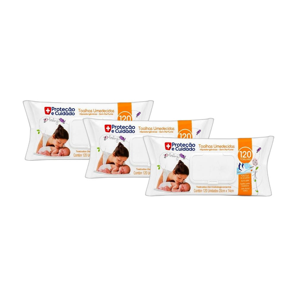 Kit 3 Toalhas Umedecidas Proteção e Cuidado Hipoalergênico Sem Perfume 120 unidades