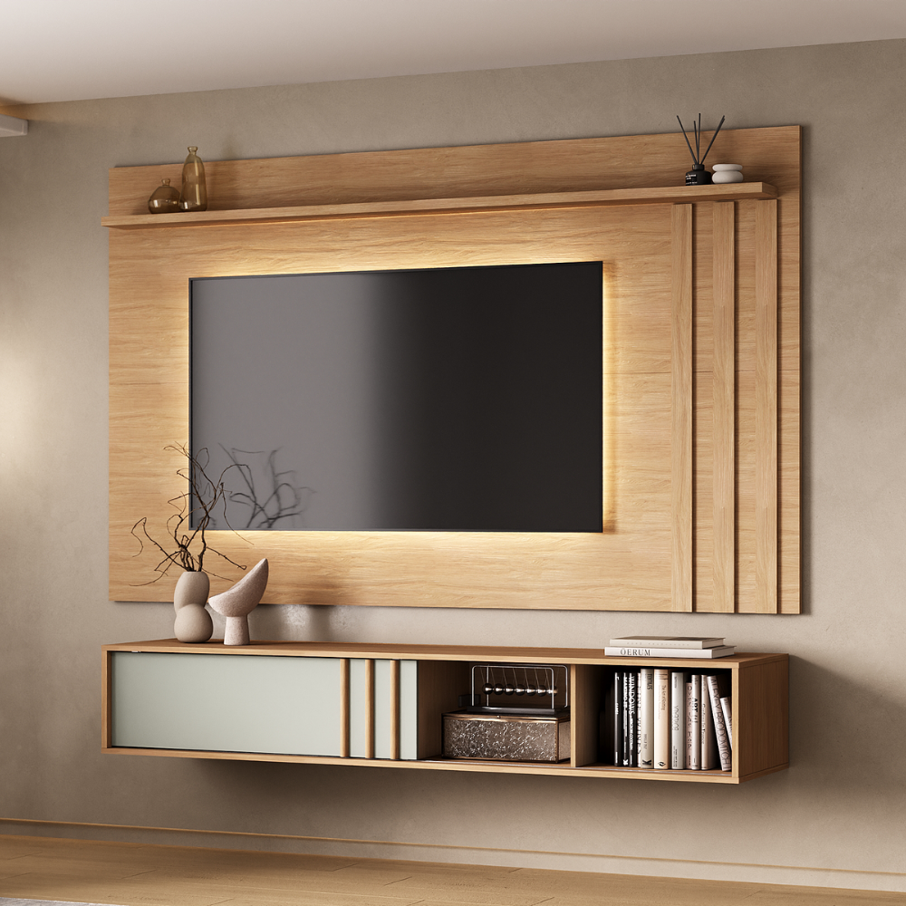 Conjunto Rack Cedro Sálvia e Painel Parede Cedro Linea Carraro