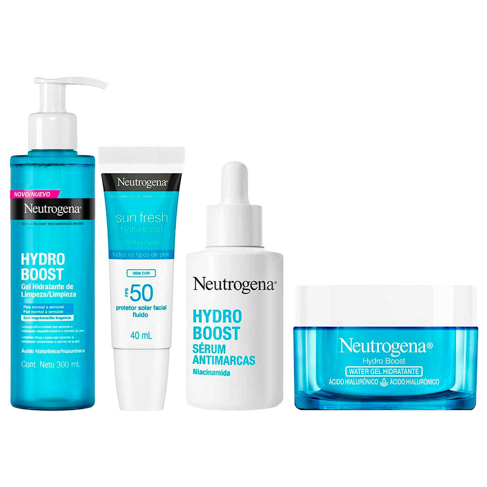 Kit Rotina Facial Completa Neutrogena Hydro Boost - Gel Limpeza + Sérum Antimarcas + Water Gel + Protetor Solar FPS 50 — Kit