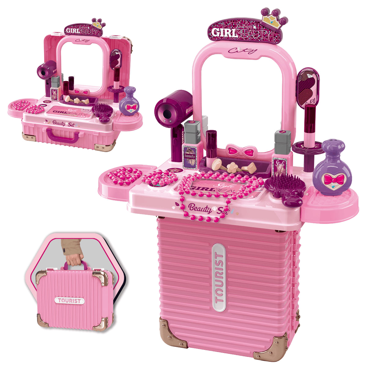 Bancada Penteadeira Infantil 3 em 1 Maleta 21 Peça Maxi Toys