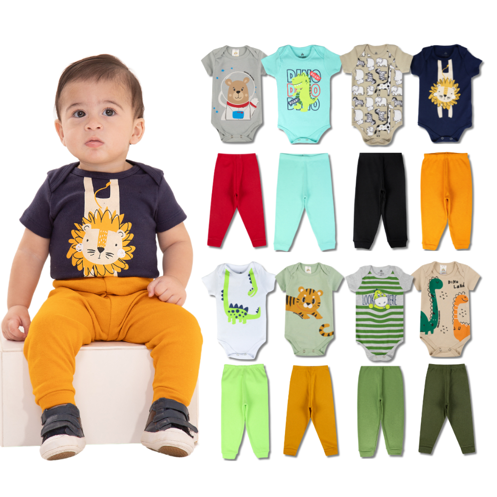Kit 12 Peças de Roupas para Bebê Menino (6 Body Curto + 6 Calça Mijão)Kit 6 Body Roupa Infantil Bebê