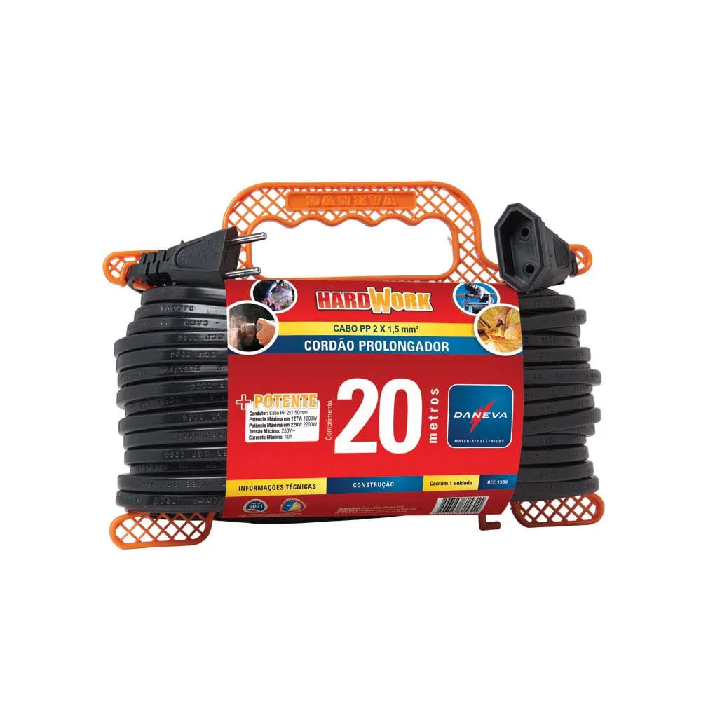 PROLONGADOR HARDWORK PP 2X1,50MM2 2P 10A PRETO 20M DANEVA