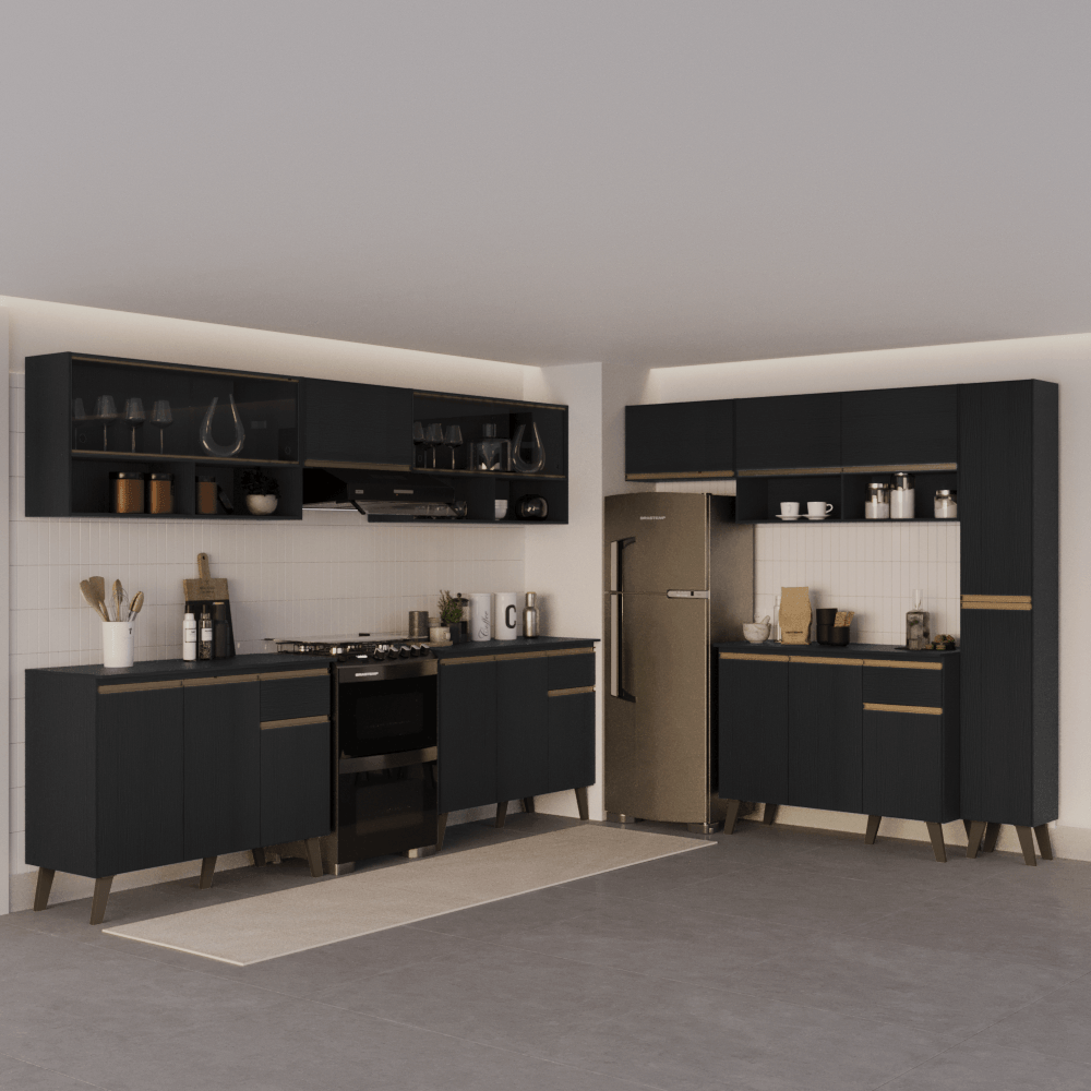 Armário de Cozinha Completa Atlanta Shift com Vidro Carraro Preto Touch