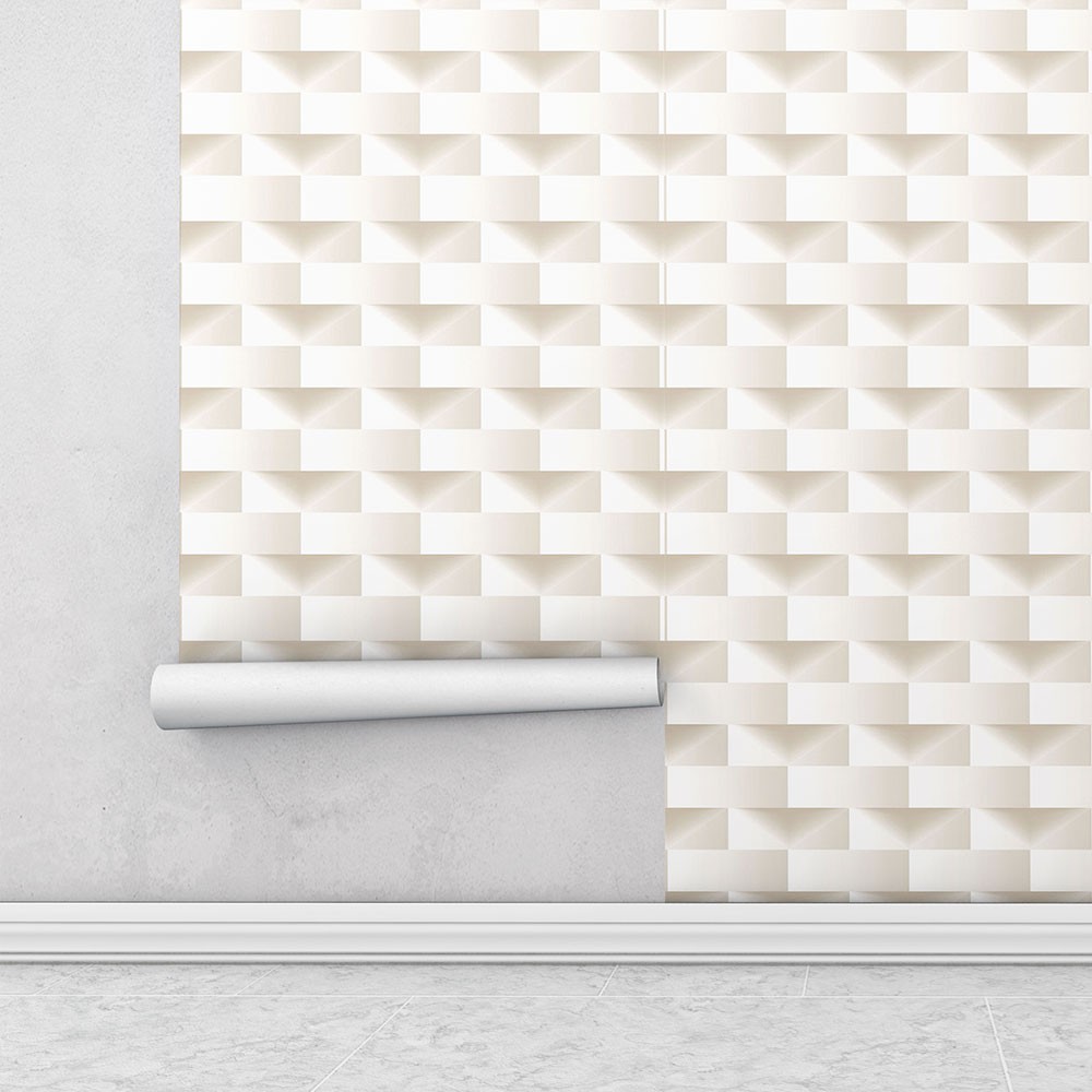 Papel de Parede 3D Tijolinho com efeito de sombras em Tons de Bege Para Sala e Quarto