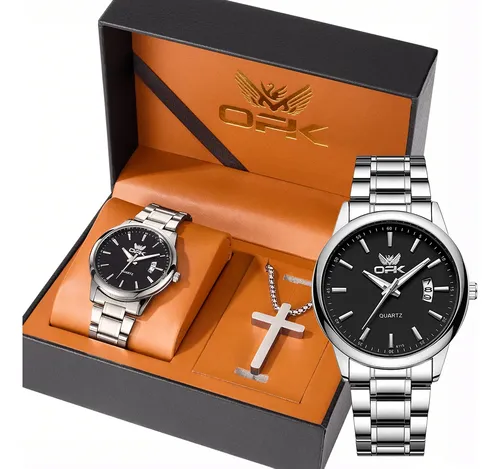 Opk Original Conjunto De Relógio E Colares Masculino 6010 Prateado Preto