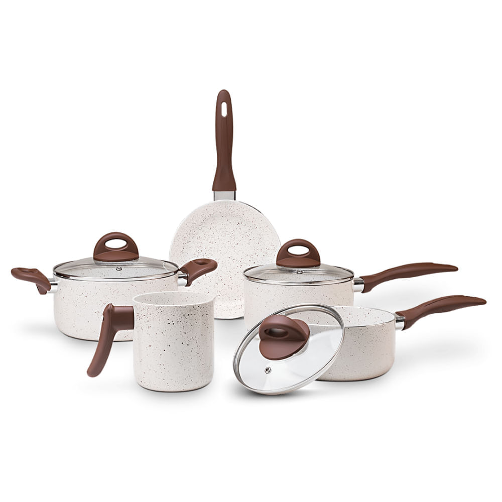 Jogo de Panelas Brinox Antiaderente Ceramic Life 5 Peças Smart Plus Vanilla