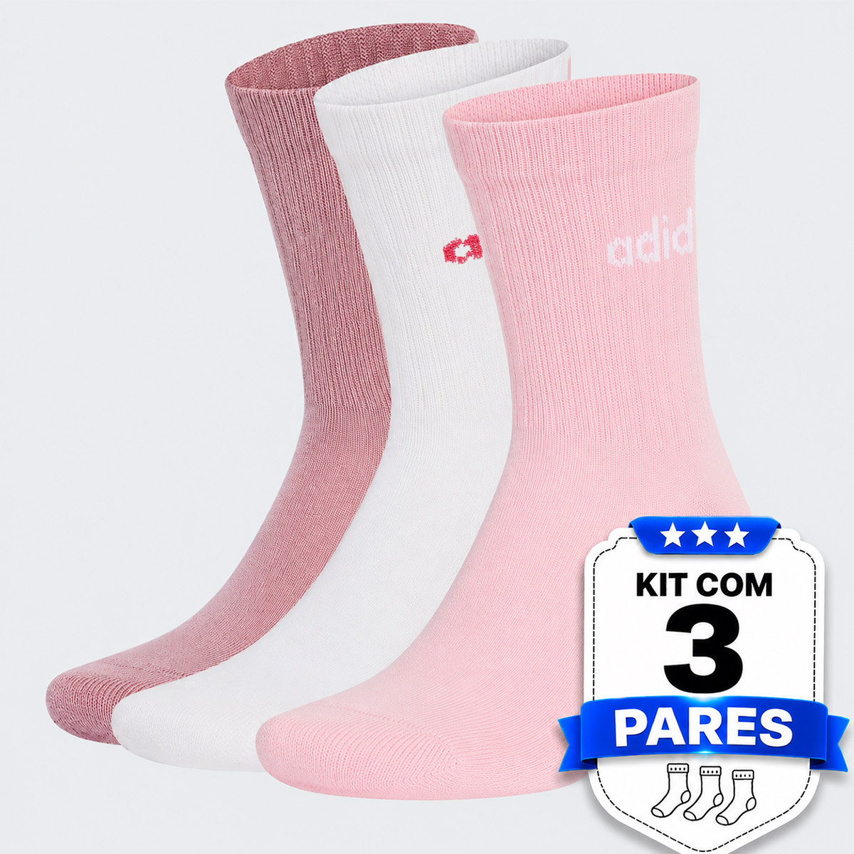 Kit Meia Adidas Crew 3 Pares Rosa Branca e Lilás