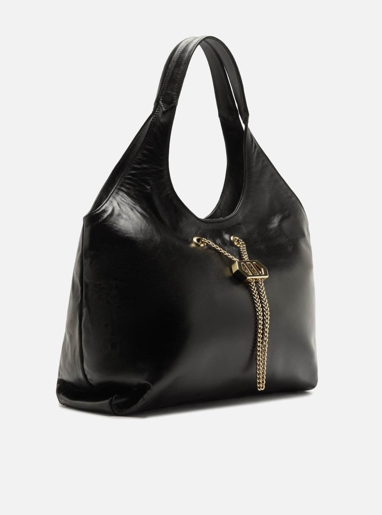 Foto 5 de Bolsa Hobo Preta Couro Grande Corrente Dourada