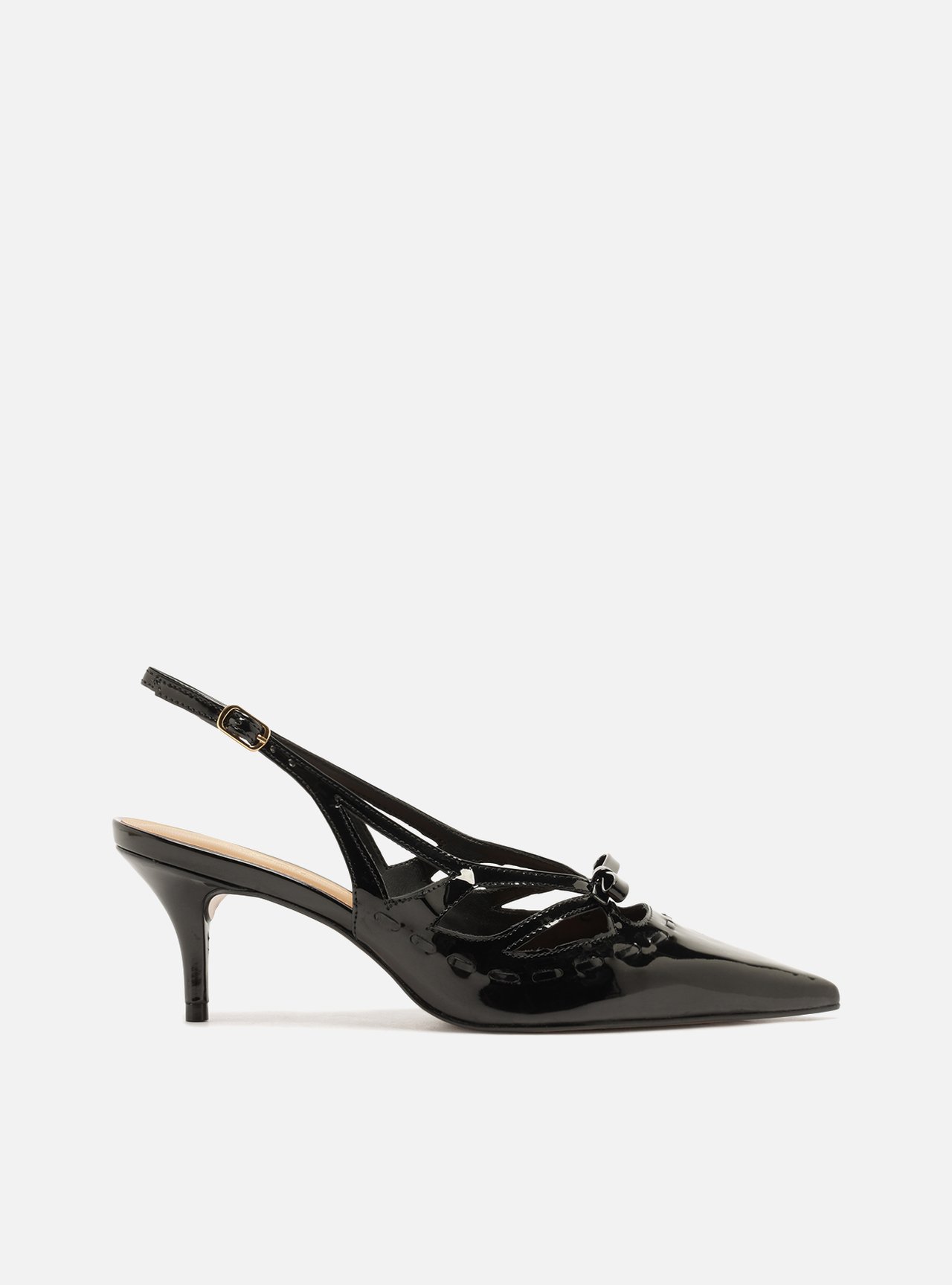Scarpin Preto Salto Fino Médio Slingback Laço