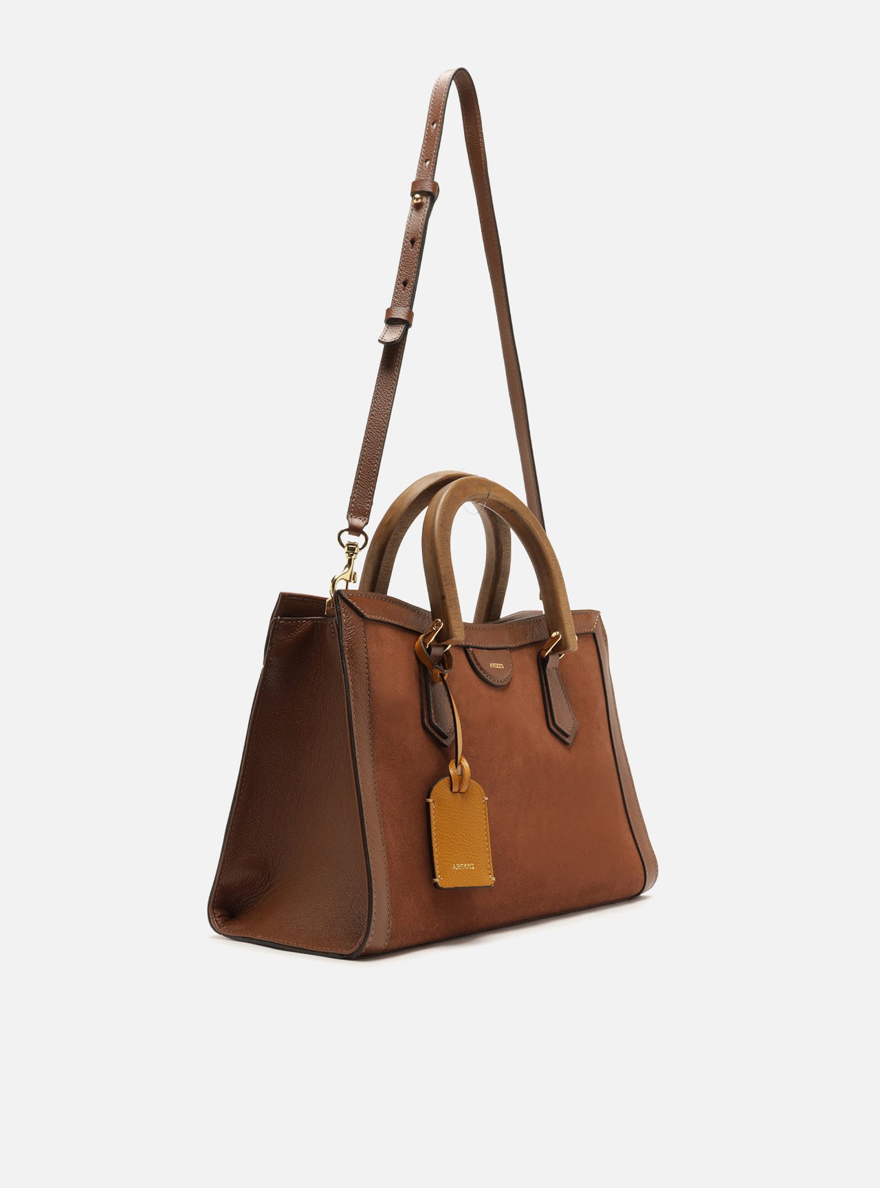 Foto 5 de Bolsa Tote Marrom Couro Média Alça Madeira