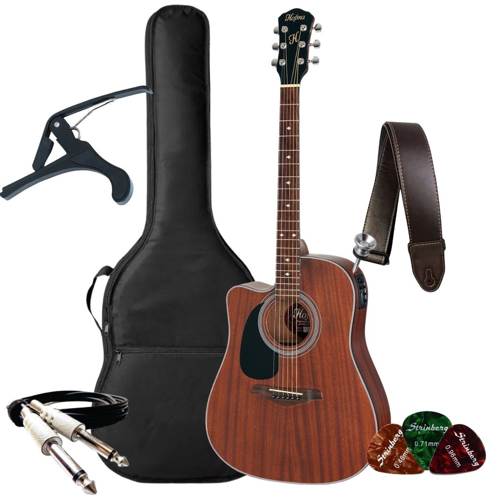 Kit Violao Hofma Eletrico Hmf250 Lh Canhoto Stnt Folk + Acessórios