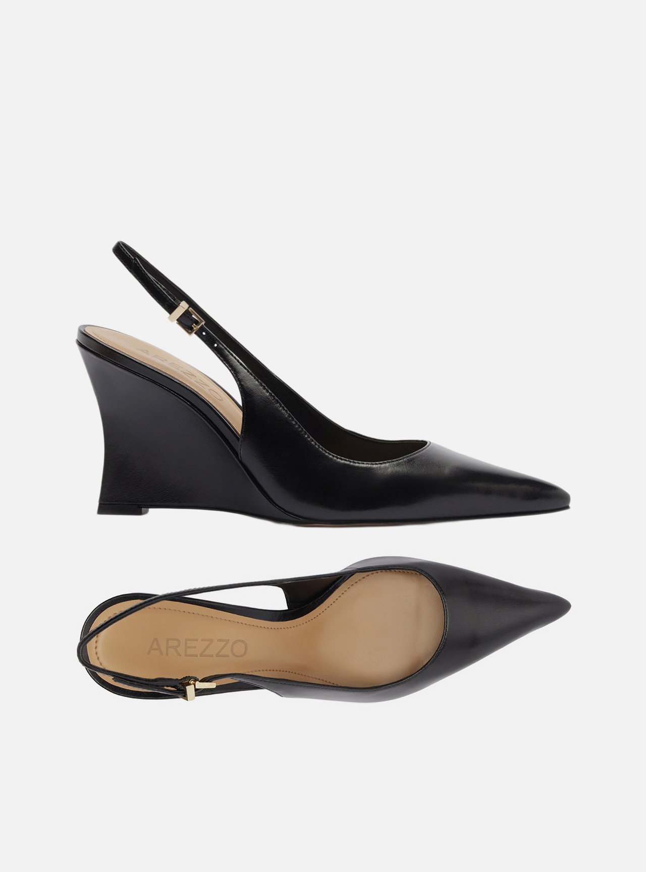Foto 5 de Scarpin Preto Couro Salto Alto Anabela Slingback
