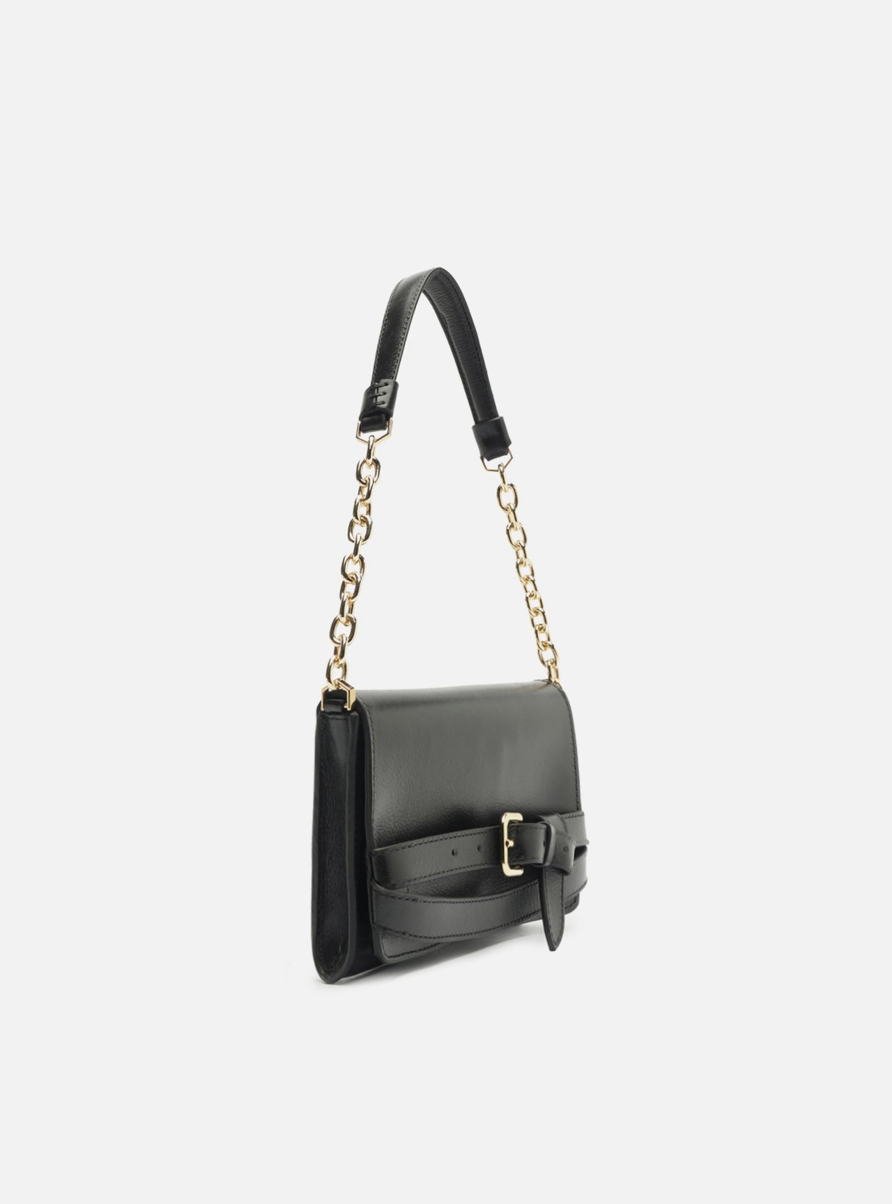 Foto 5 de Bolsa Shoulder Preta Couro Pequena Tiras Fivela