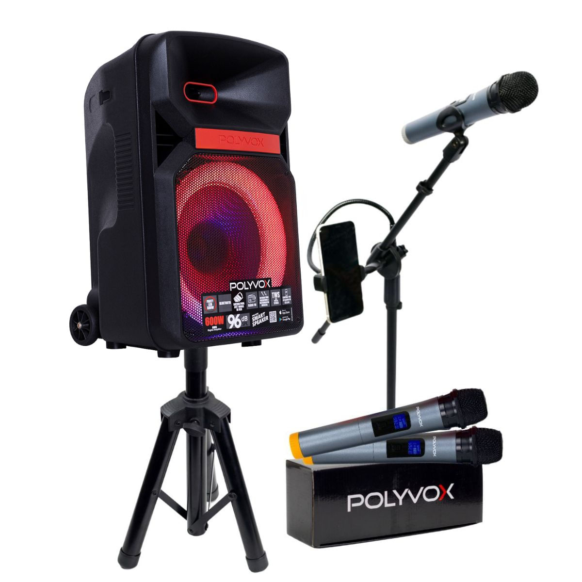 Caixa De Som Bluetooth Xc-812t 600w + Tripés + Mic S/ Fio