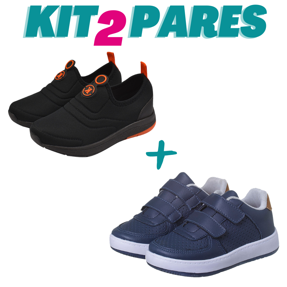 KIT 2 PARES Tenis Infantil Calce Facil Menino Preto Laranja e Casual Marinho Kidstep