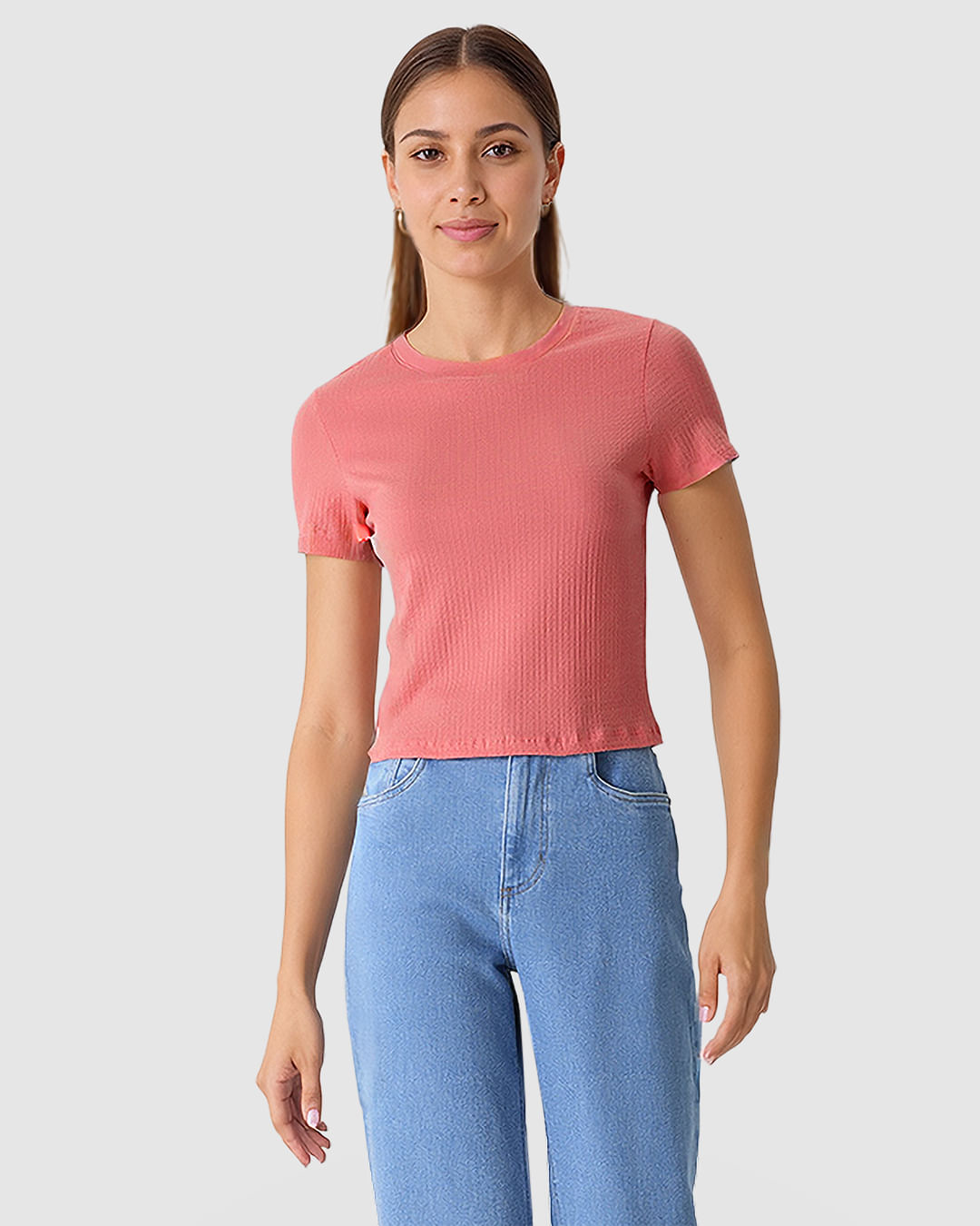 Blusa Cropped Feminina Decote Redondo Manga Curta Em Malha Texturizada — Rosa - XGG