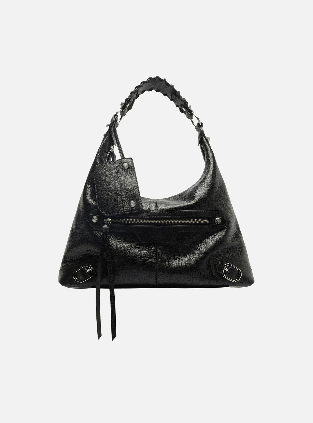 Bolsa Hobo Preta Couro Média Alça Tressê