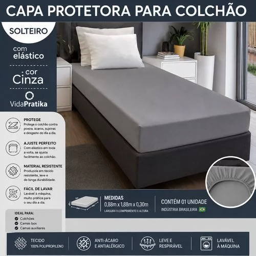 Foto 4 de Capa Protetora de Colchão Solteiro 88x188cm com Elástico Cinza