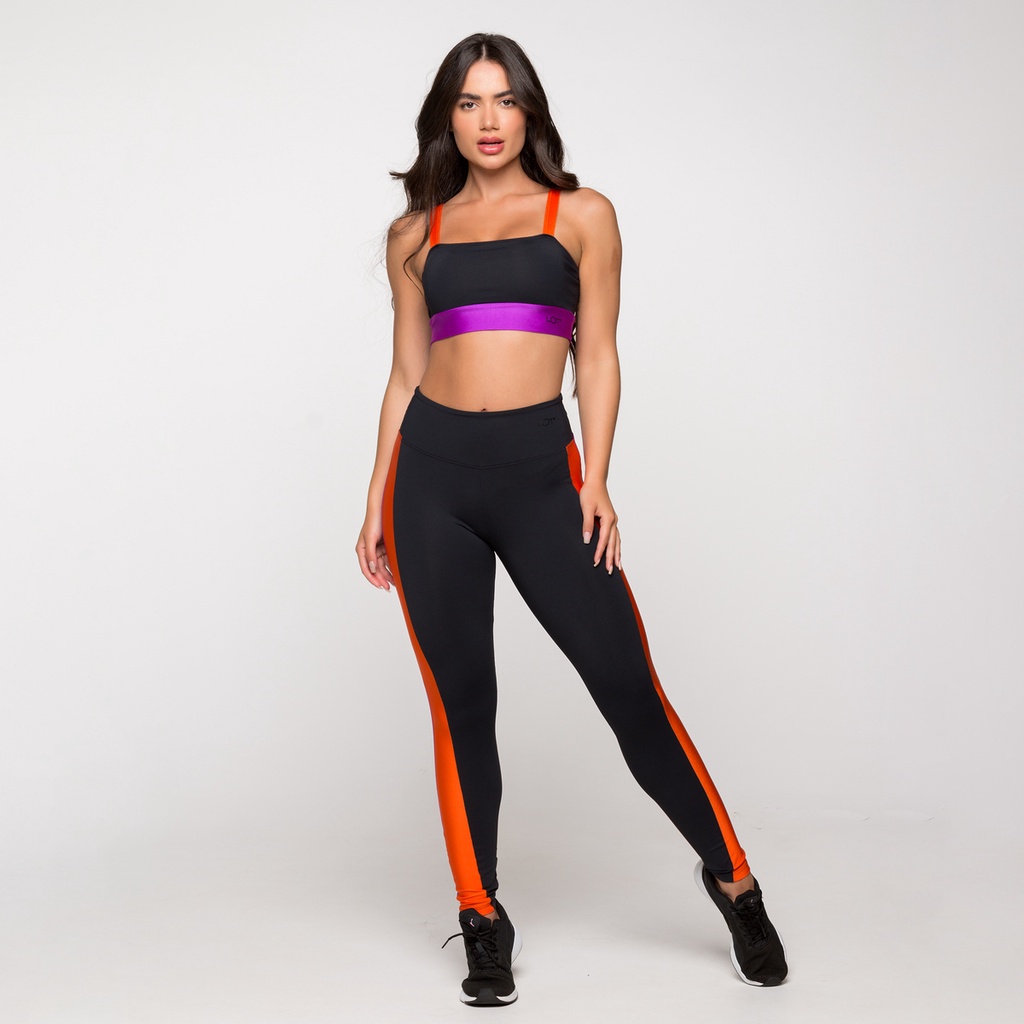 Conjunto Feminino Fitness Academia Poliamida Top E Calça Paris Preto Roxo e Laranja