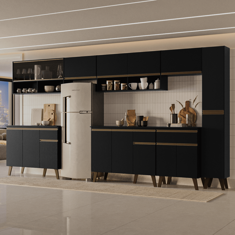 Armário de Cozinha Completa Atlanta Terrace com Vidro Carraro Preto Touch