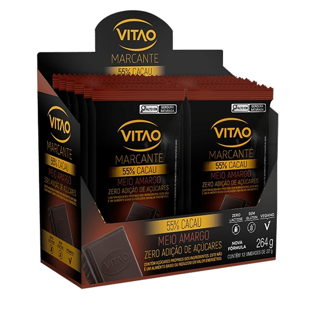 Chocolate Meio Amargo 55% Cacau Zero Açúcar Vegano Vitao Marcante - Kit 12 Unidades 22G