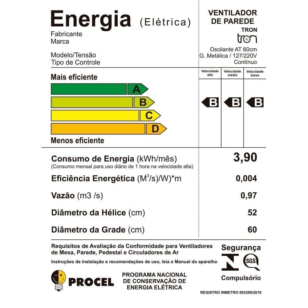 Foto 2 de Ventilador de Parede 60cm Tron Oscilante, Preto, Bivolt