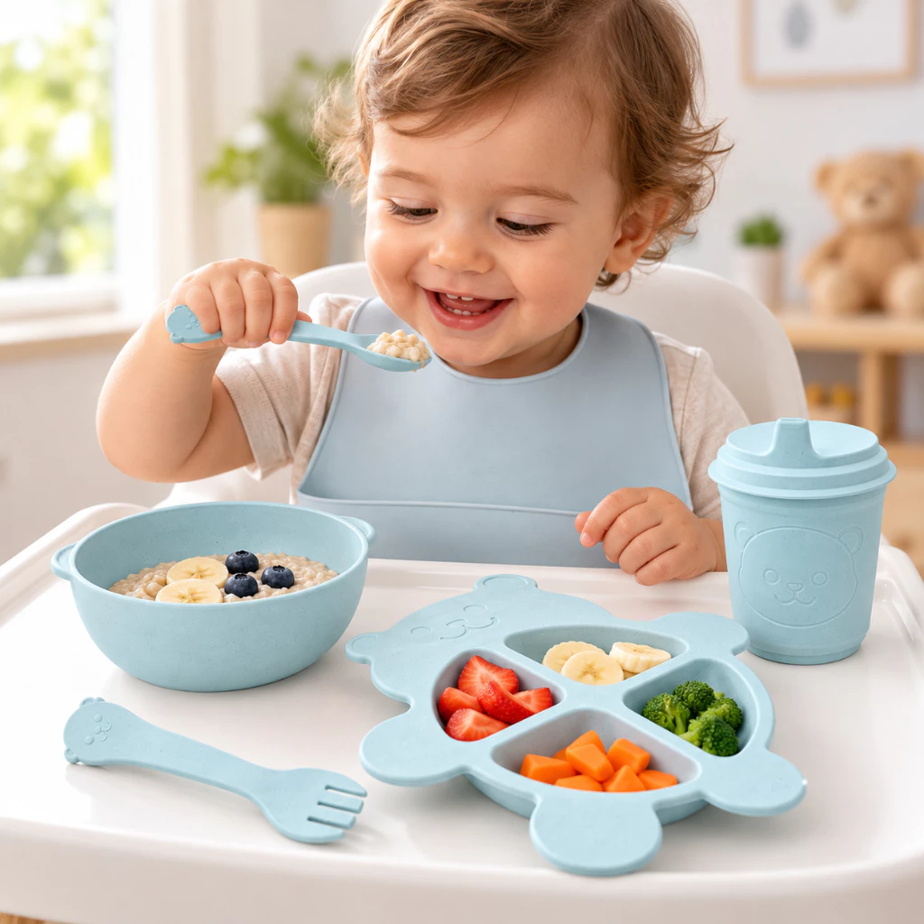 Kit Alimentação Infantil Baby Bear Azul Prato Talheres Copo Lyor