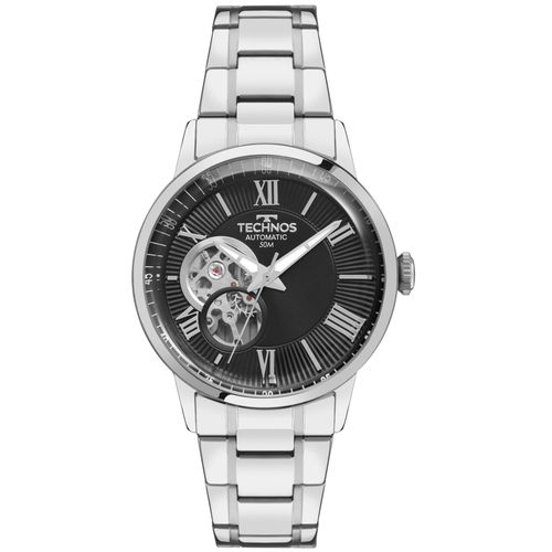 Relógio Technos Masculino Automático Open Heart Prata - G3265BK/1P