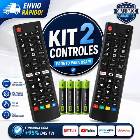 [Taxas/Moedas R$8,89] Kit 2x Controle Smart TV 4K Universal Fácil Configuração com pilhas
