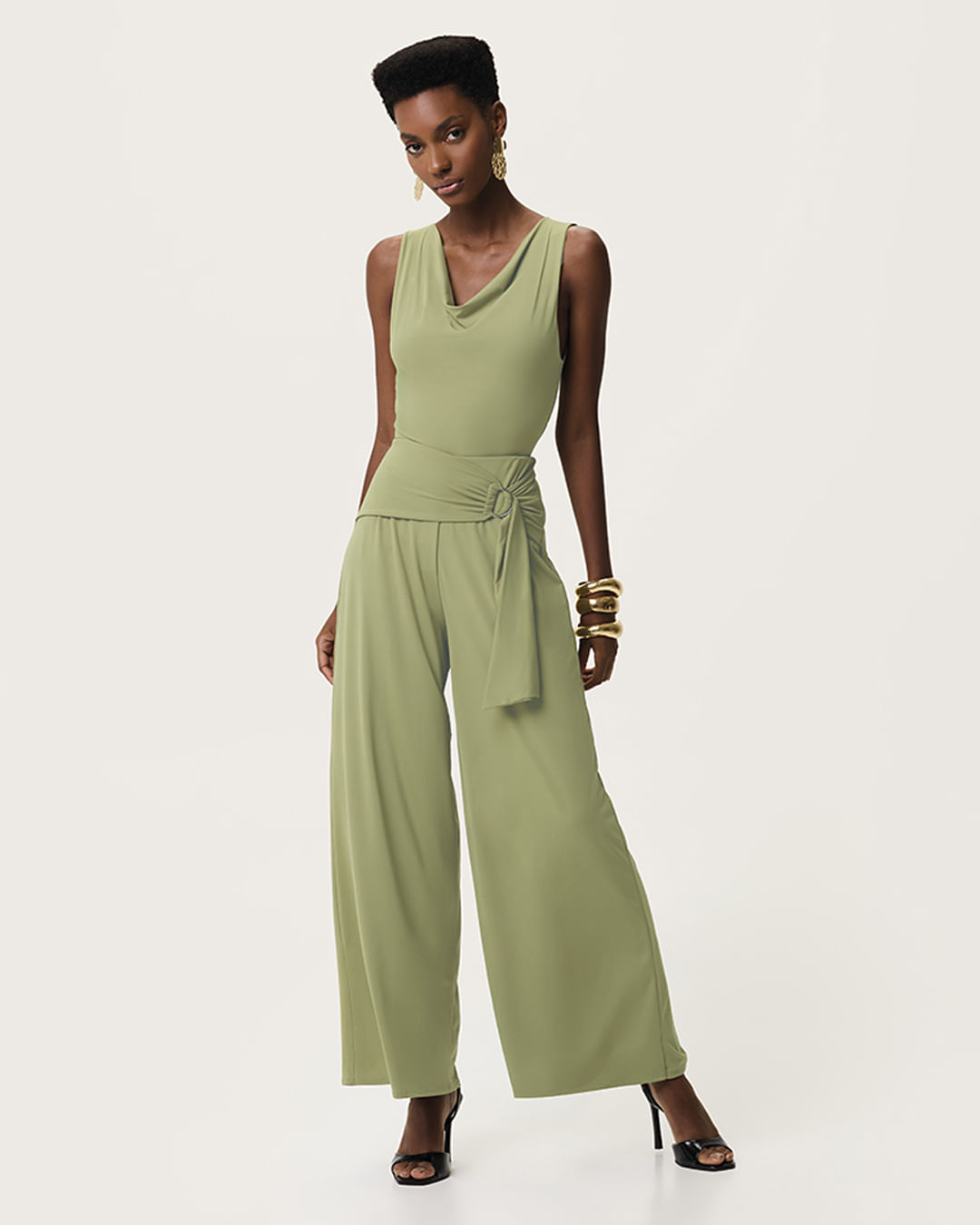 Calça Feminina Reta Cinto Faixa Com Detalhe Argola Malha Poliamida - ENFIM — Verde - P