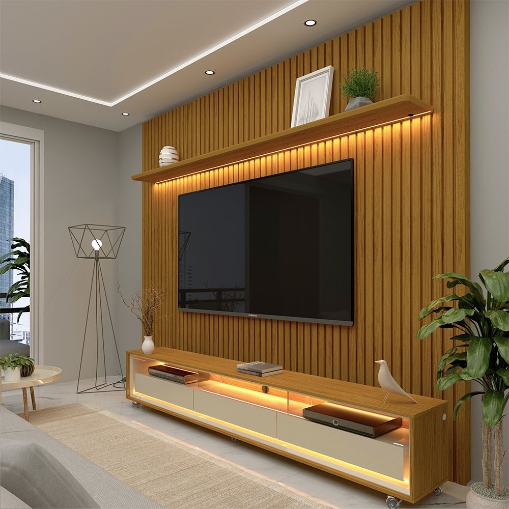Rack com Painel Ripado para TV até 90 Polegadas LED 3 Gavetas com Rodízios 230cm Gelius Naturale 100% MDF Naturale