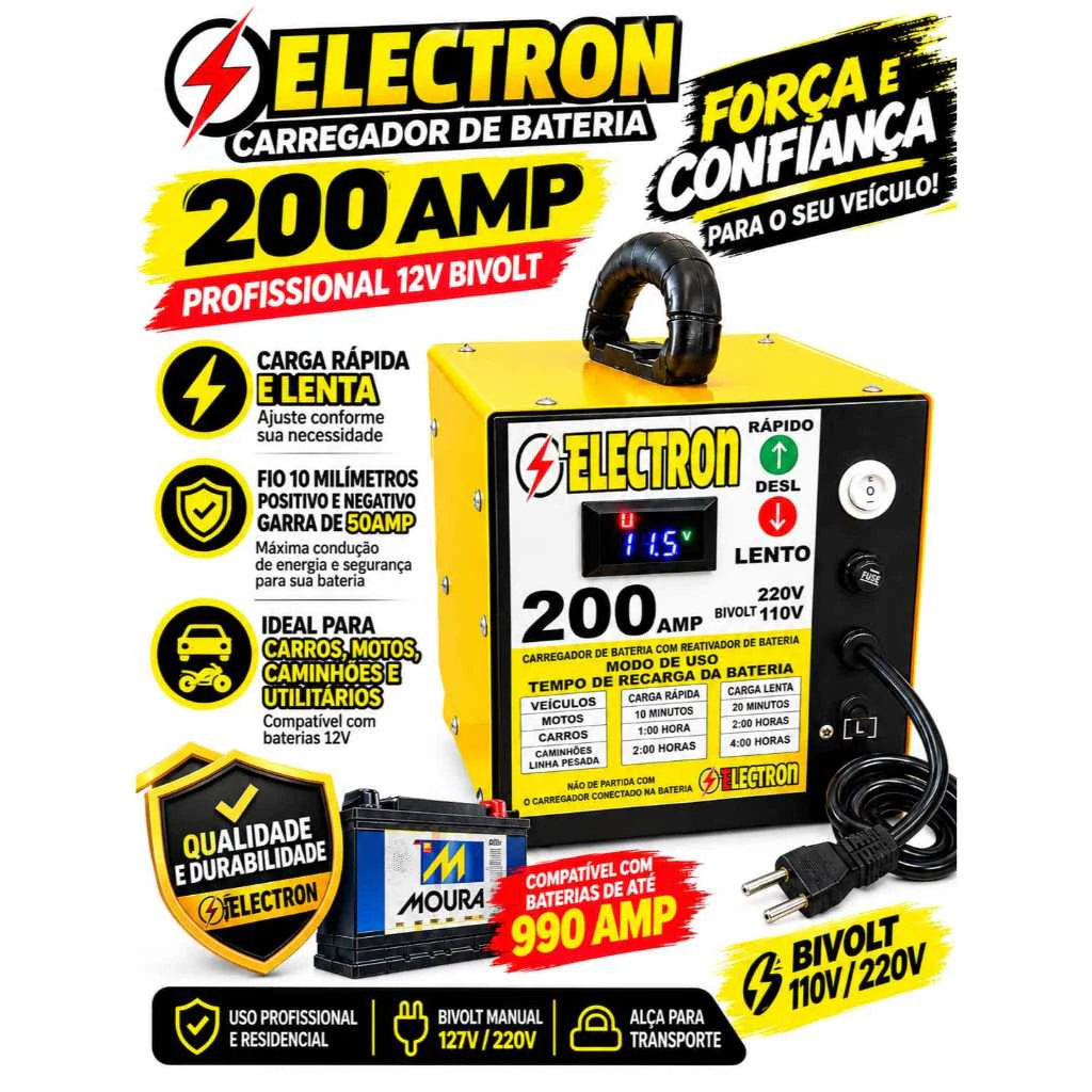 Carregador de bateria 12v Até 150amperes, Turbo Velocidade, Bivolt, Turbo Ventilação Display Digital TOP