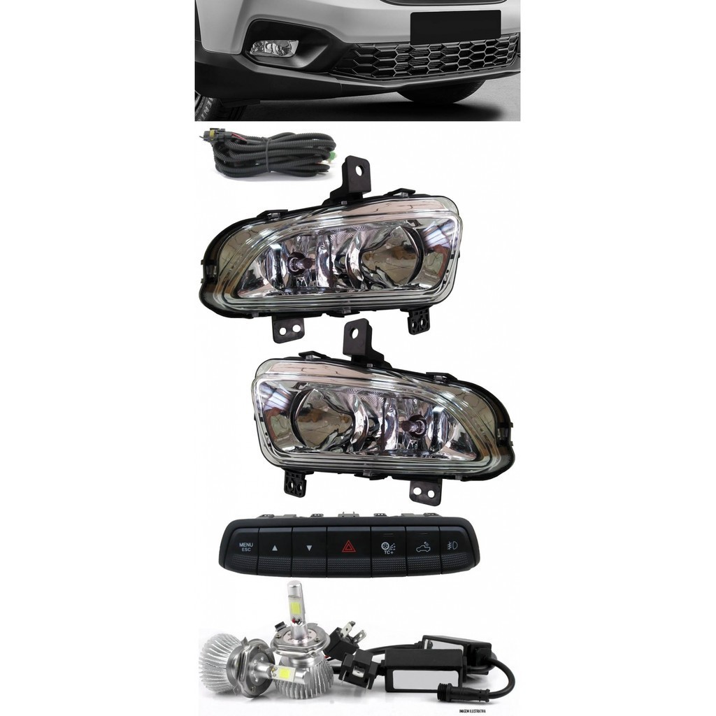 Kit Farol de Milha Fiat Strada Cabine Simples e Dupla 2020 em diante Botão Painel + Kit Lâmpada Super LED