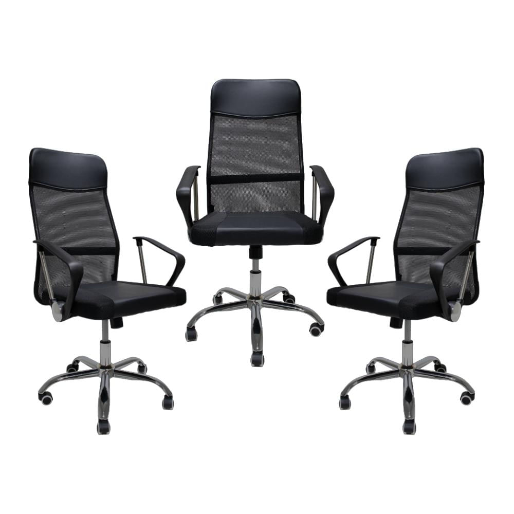 Conjunto 3 Cadeiras Para Escritório Base Cromada Resistente Confortável Presidente Executiva Cairo Tela Mesh Preta