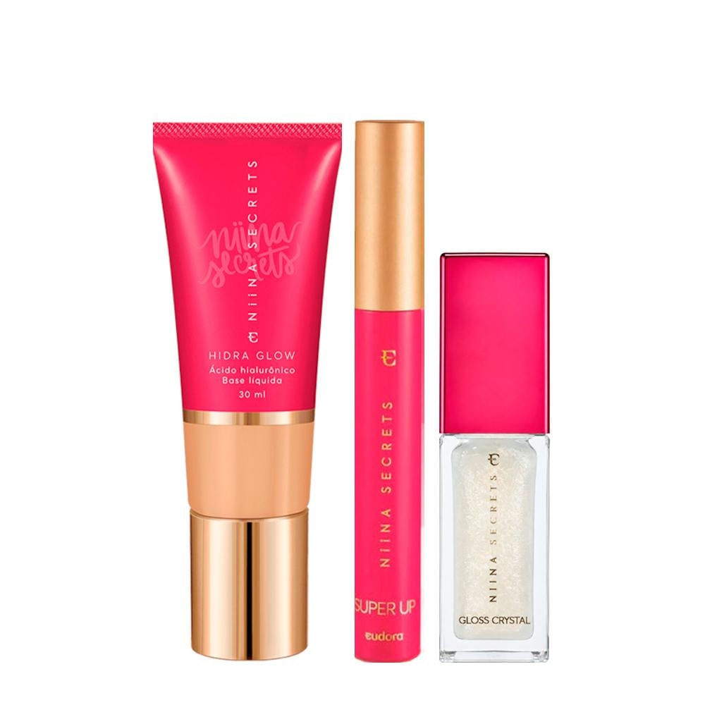 Kit Eudora Niina Secrets Make 5 - Hidra Glow 25 Base 30ml + Moon Stone Gloss — Kit Eudora Niina Secrets Make 5 - Hidra Glow 25 Base 30ml + Moon Stone Gloss 7ml + Máscara Para Cíli