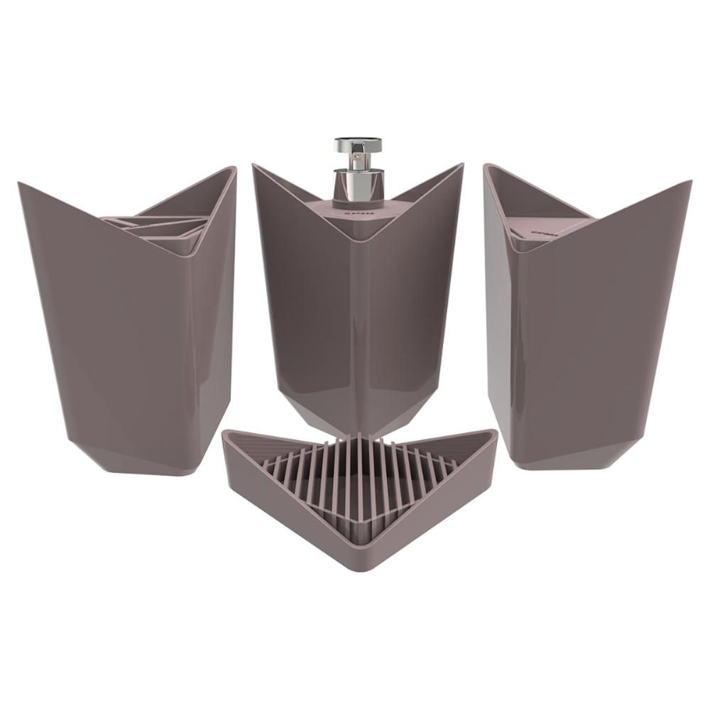 Kit Prisma Cinza Tornado 4 Pç Porta Escova Algodão Sabonetes Conjunto para Banheiro Crippa